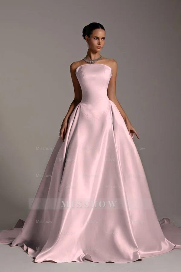 Chic Strapless Sleeveless A Line Long Formal Dress With Pleated
