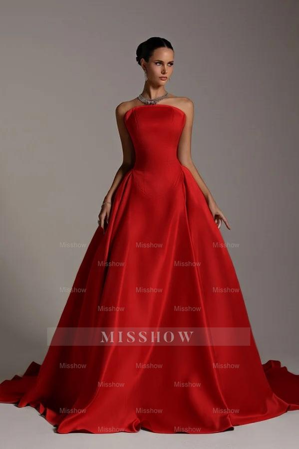 Chic Strapless Sleeveless A Line Long Formal Dress With Pleated