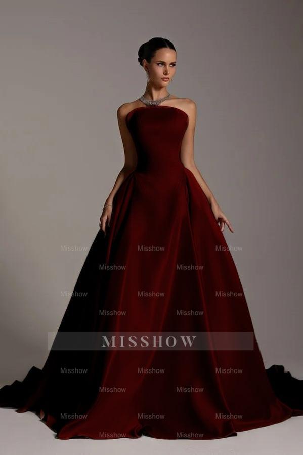 Chic Strapless Sleeveless A Line Long Formal Dress With Pleated