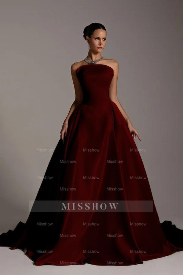 Chic Strapless Sleeveless A Line Long Formal Dress With Pleated