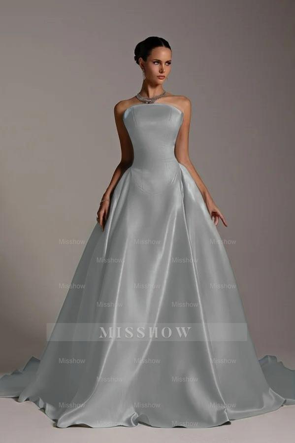 Chic Strapless Sleeveless A Line Long Formal Dress With Pleated