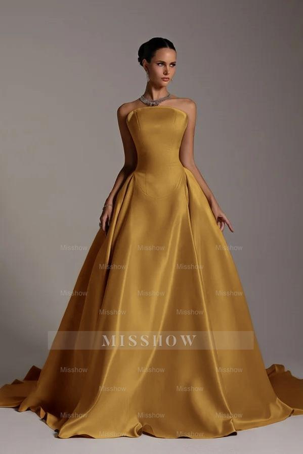 Chic Strapless Sleeveless A Line Long Formal Dress With Pleated