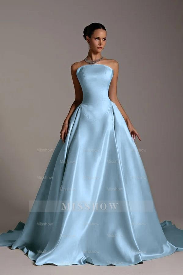 Chic Strapless Sleeveless A Line Long Formal Dress With Pleated