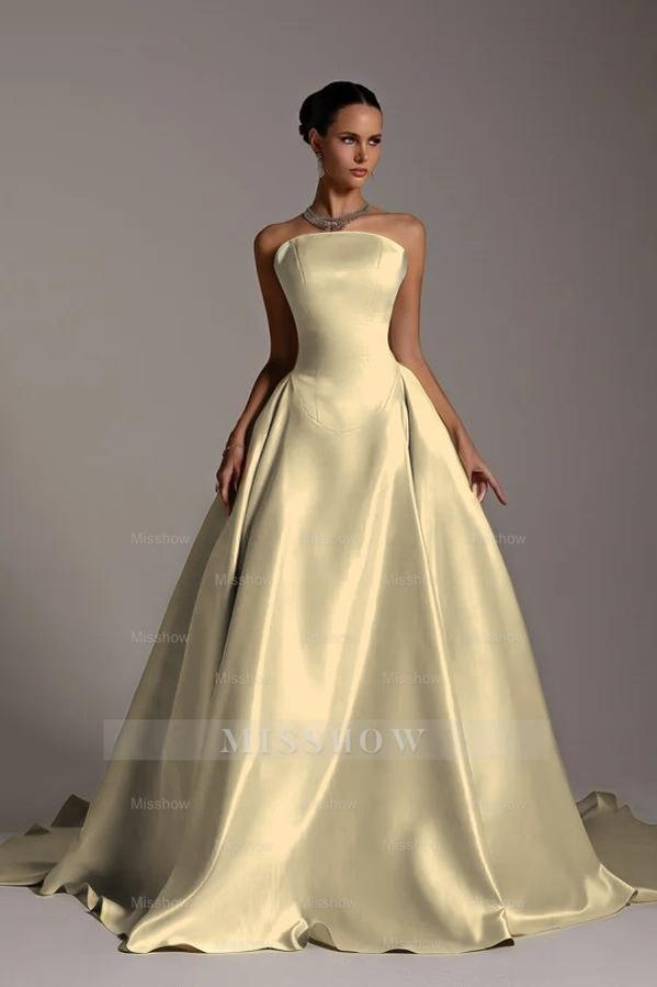 Chic Strapless Sleeveless A Line Long Formal Dress With Pleated