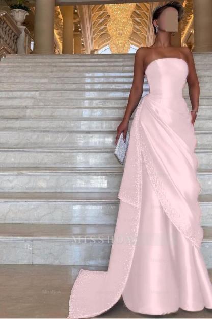 Chic Strapless Sleeveless Long Formal Dress With Pleated Beading