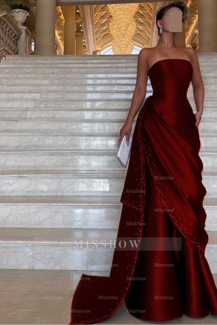 Chic Strapless Sleeveless Long Formal Dress With Pleated Beading