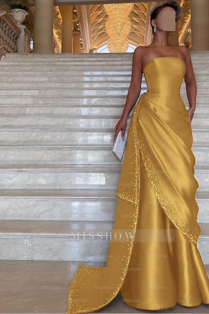 Chic Strapless Sleeveless Long Formal Dress With Pleated Beading