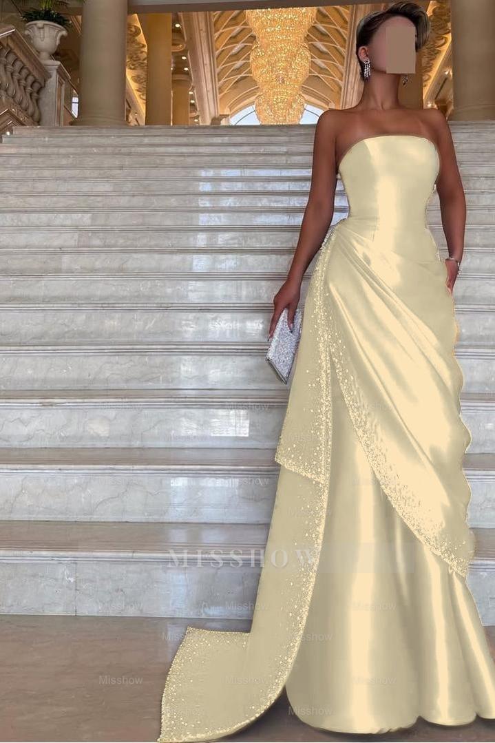 Chic Strapless Sleeveless Long Formal Dress With Pleated Beading