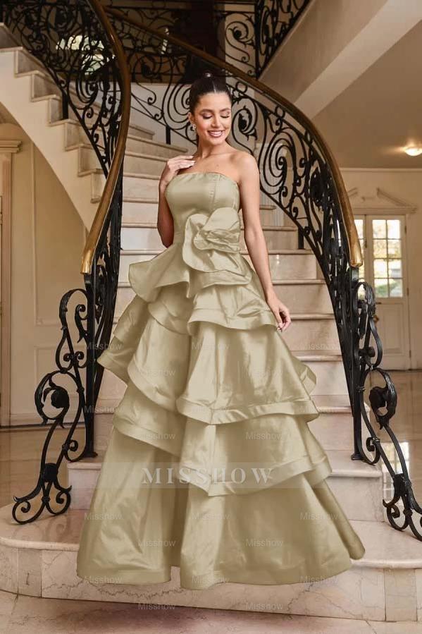 Chic Strapless Sleeveless Long Formal Dress With Pleated Ruffles