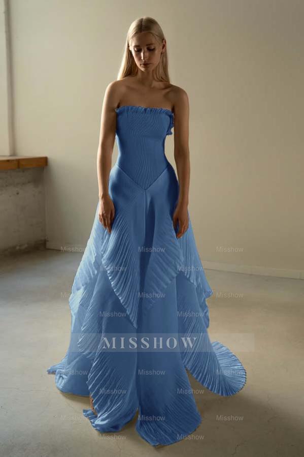 Chic Strapless Sleeveless Long Formal Dress With Ruffles Pleated