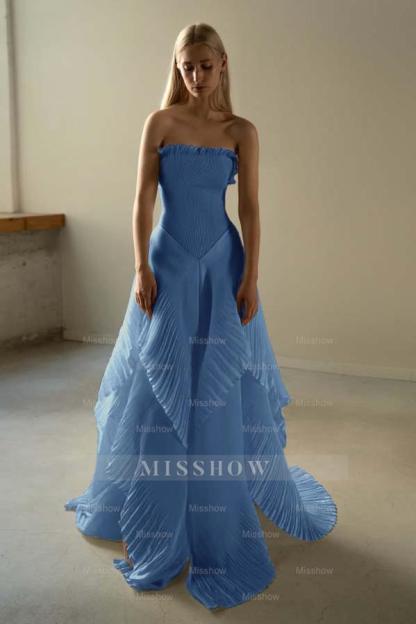 Chic Strapless Sleeveless Long Formal Dress With Ruffles Pleated