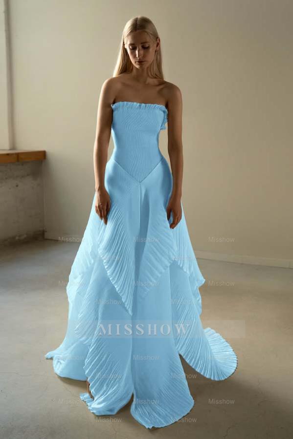 Chic Strapless Sleeveless Long Formal Dress With Ruffles Pleated