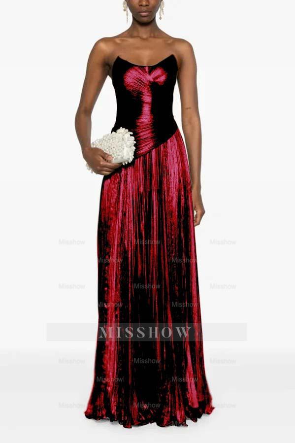 Chic Strapless Sleeveless Long Formal Dress With Ruffles Pleated