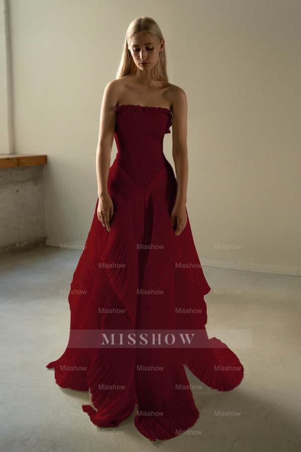 Chic Strapless Sleeveless Long Formal Dress With Ruffles Pleated