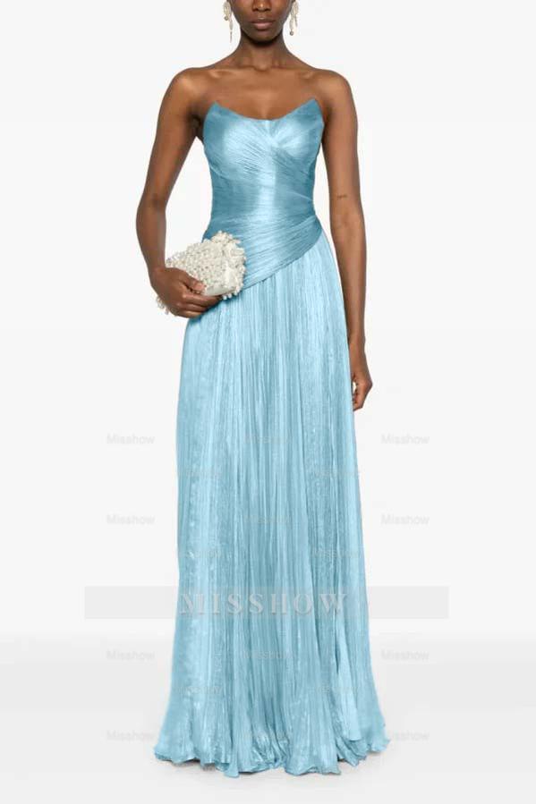 Chic Strapless Sleeveless Long Formal Dress With Ruffles Pleated