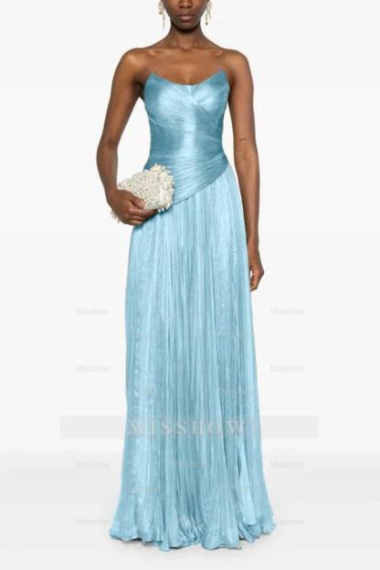 Chic Strapless Sleeveless Long Formal Dress With Ruffles Pleated