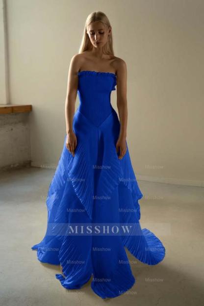 Chic Strapless Sleeveless Long Formal Dress With Ruffles Pleated