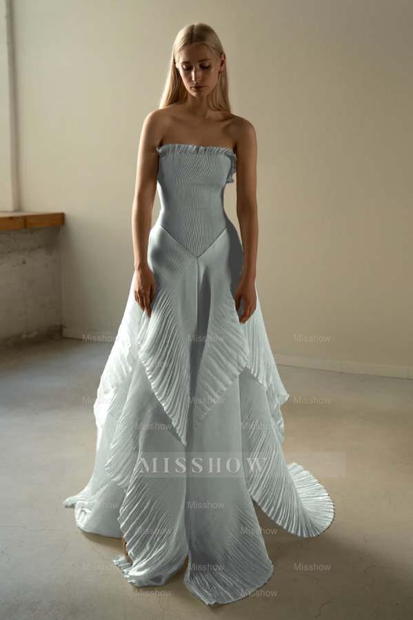 Chic Strapless Sleeveless Long Formal Dress With Ruffles Pleated