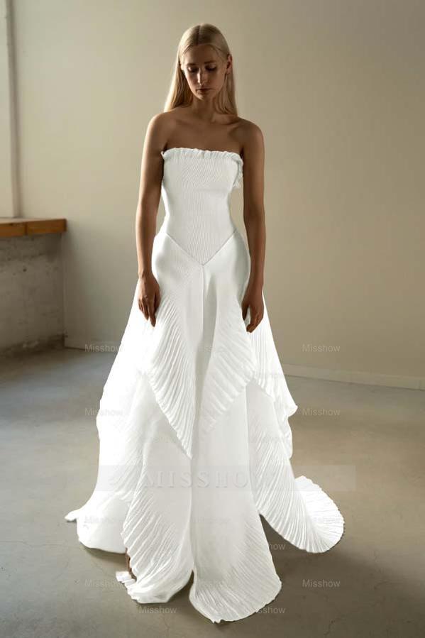 Chic Strapless Sleeveless Long Formal Dress With Ruffles Pleated