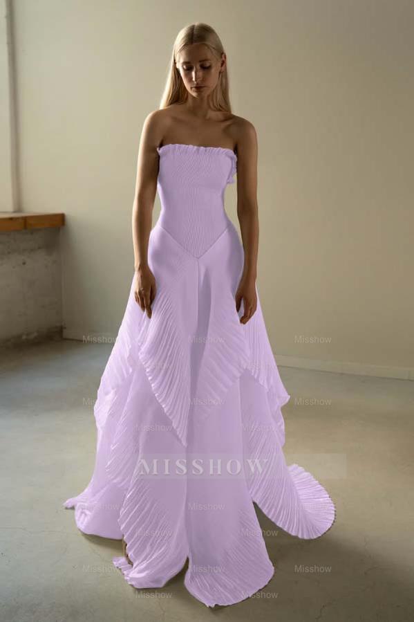 Chic Strapless Sleeveless Long Formal Dress With Ruffles Pleated