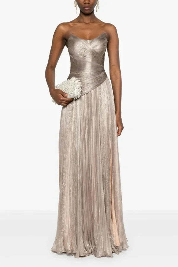 Chic Strapless Sleeveless Long Formal Dress With Ruffles Pleated