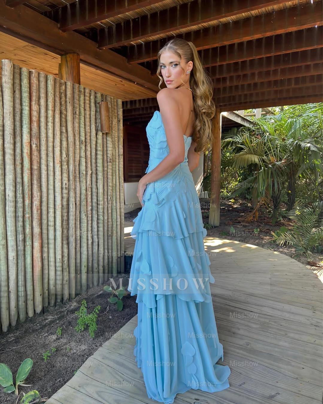 Chic Strapless Sleeveless Long Pleated Formal Dress With Ruffles