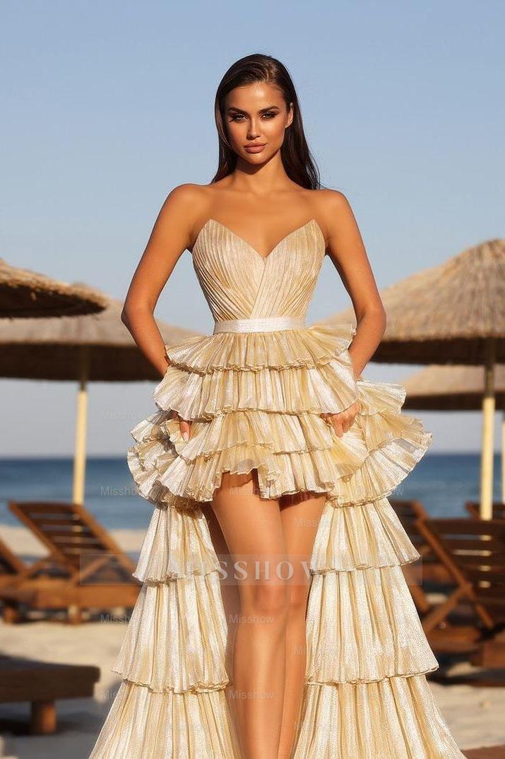 Chic Strapless Sleeveless V Neck Ruffles Formal Dress With Detachable Skirt