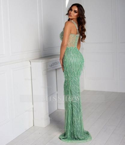 Chic Straps Sage Sleeveless Long Mermaid Formal Dress Unique Beading