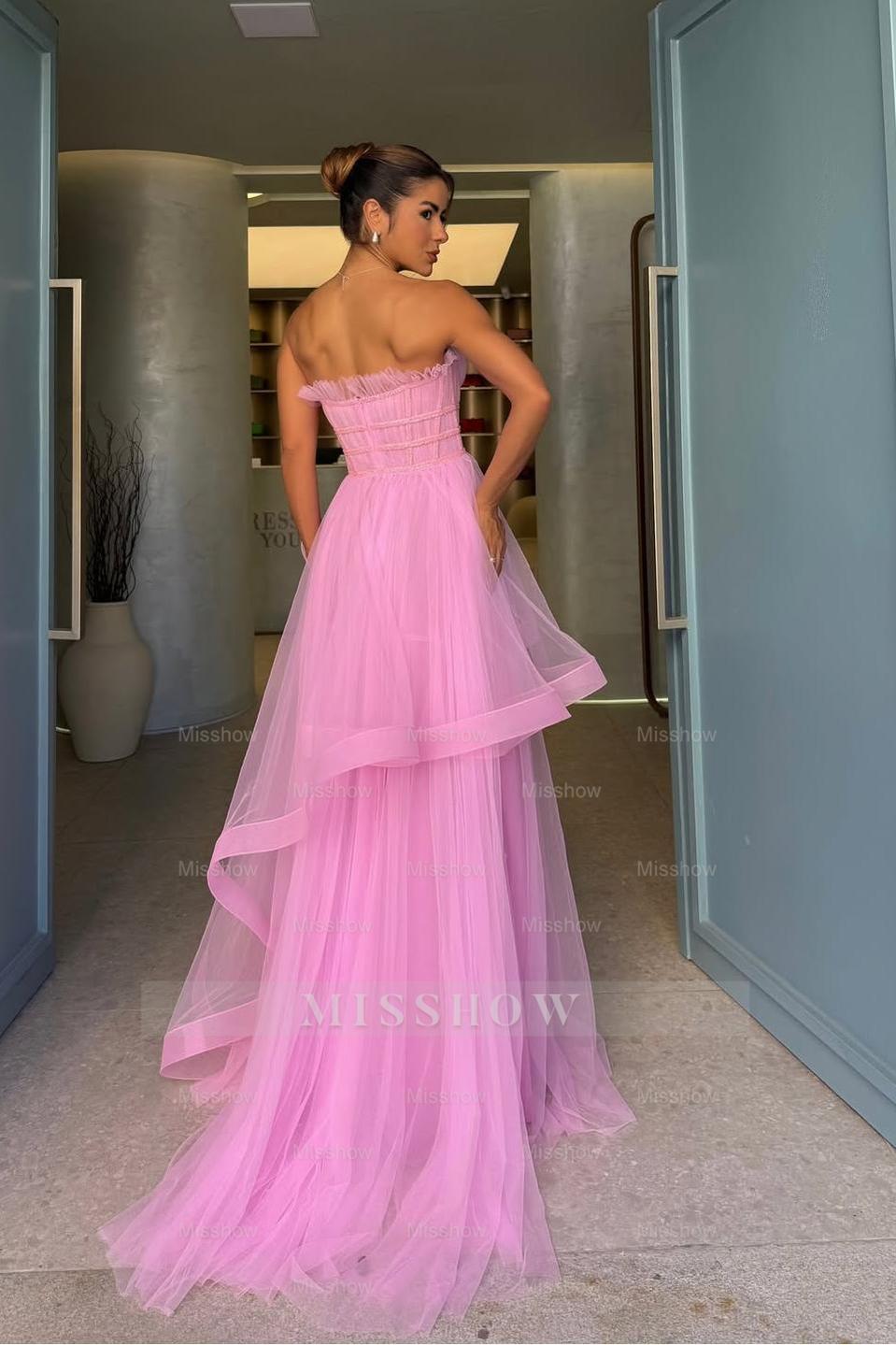 Chic Tulle Strapless Sleeveless Long Formal Dress With Pleated