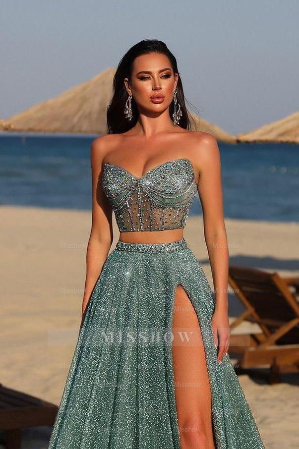 Chic Two Pieces Strapless Sleeveless Long Split Formal Dress With Beadings