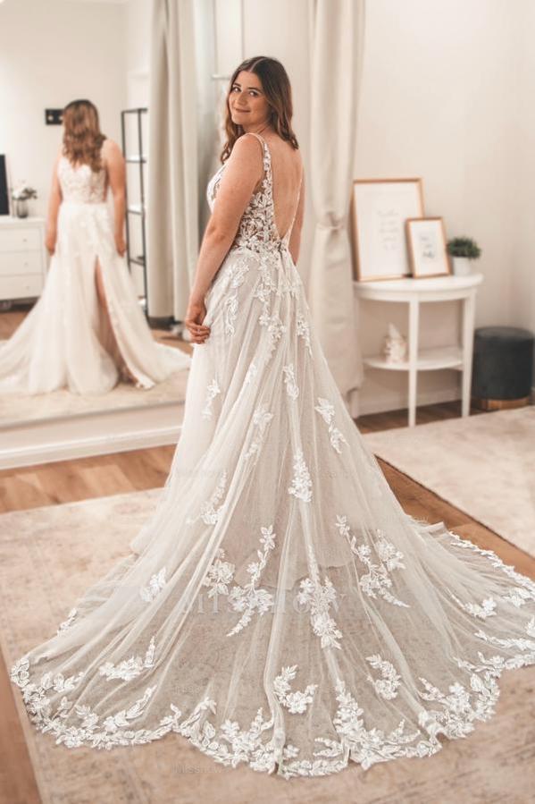 Chic White A-Line Spaghetti Strap V-Neck Sleeveless Long Tulle Split Front Wedding Dresses With Appliques