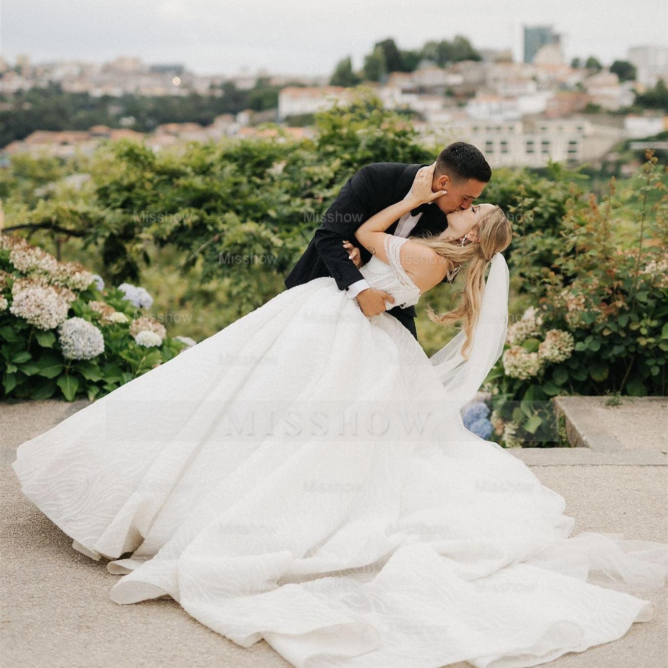 Chic White Ball Gown Sweetheart Off-The-Shoulder Sleeveless Beaded Cathedral Train Wedding Dress With Pearls