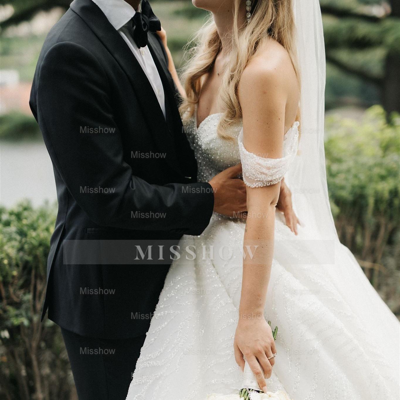 Chic White Ball Gown Sweetheart Off-The-Shoulder Sleeveless Beaded Cathedral Train Wedding Dress With Pearls