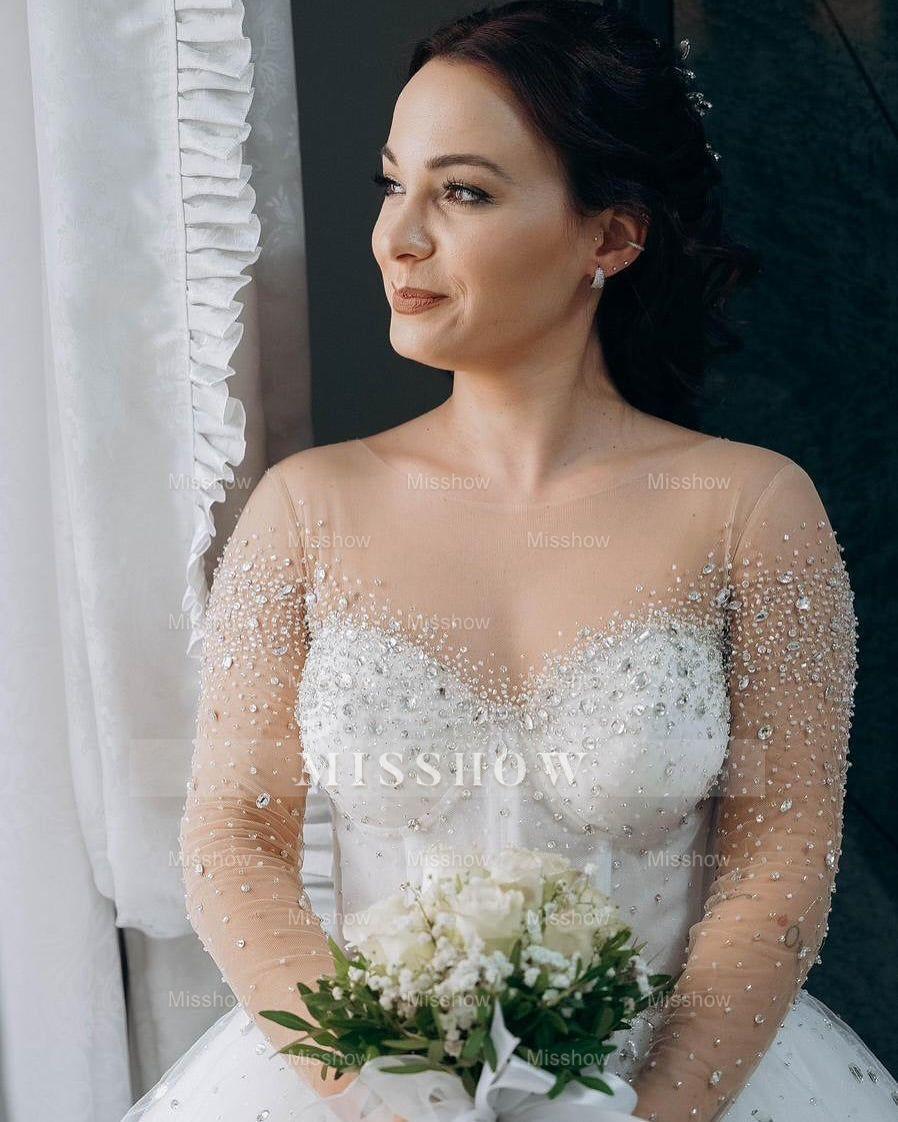 Chic White Crew A-Line Beaded Long Sleeves Ball Gown Cathedral Train Tulle Wedding Dresses With Rhinestones