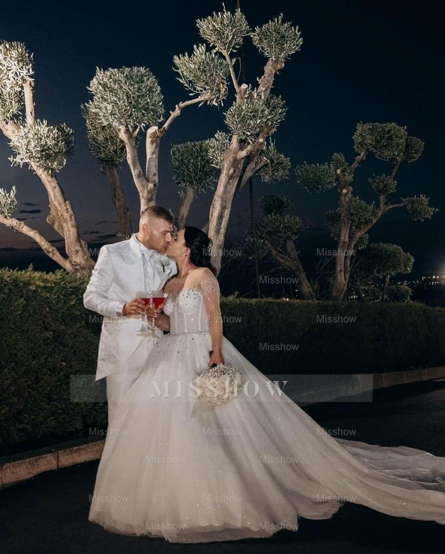 Chic White Crew A-Line Beaded Long Sleeves Ball Gown Cathedral Train Tulle Wedding Dresses With Rhinestones