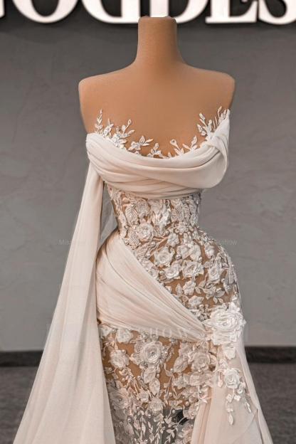 Chic White Lace Column Strapless Sleeveless Beaded Panel Train Chiffon Wedding Dresses With Pearls