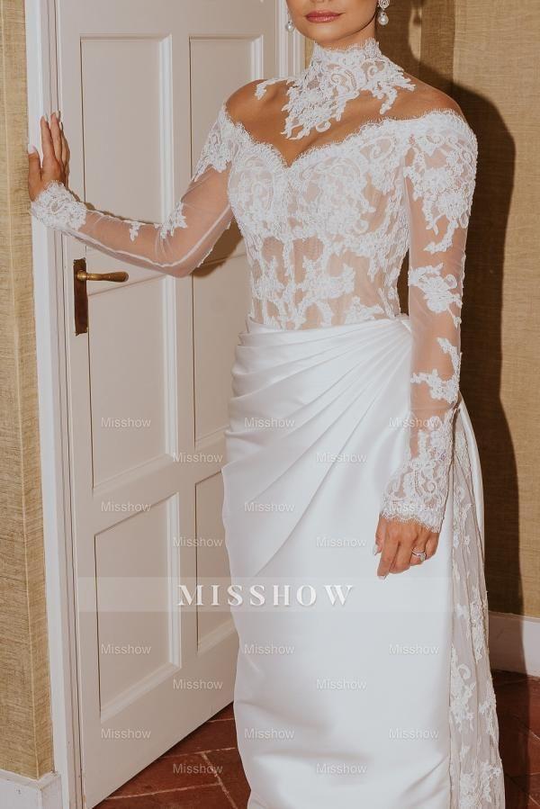 Chic White Mermaid High-Neck Long Sleeves Lace Long Satin Ruffle Detachable Panel Train Wedding Dresses With Appliques