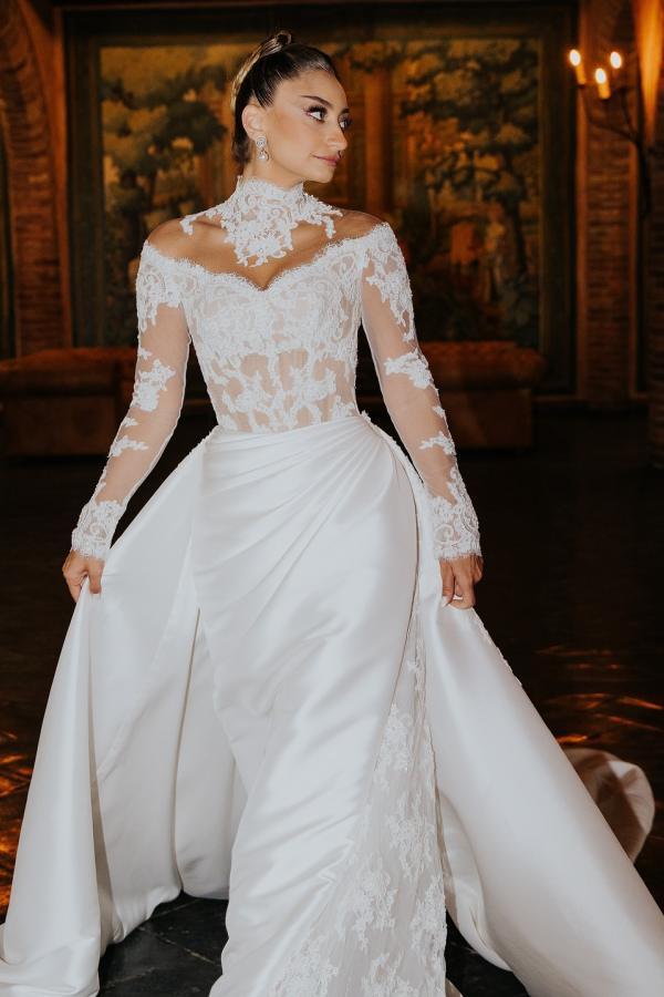 Chic White Mermaid High-Neck Long Sleeves Lace Long Satin Ruffle Detachable Panel Train Wedding Dresses With Appliques