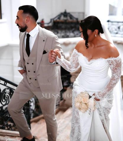 Chic White Mermaid Lace Off-The-Shoulder Beaded Long Sleeves Chapel Train Wedding Dresses With Appliques