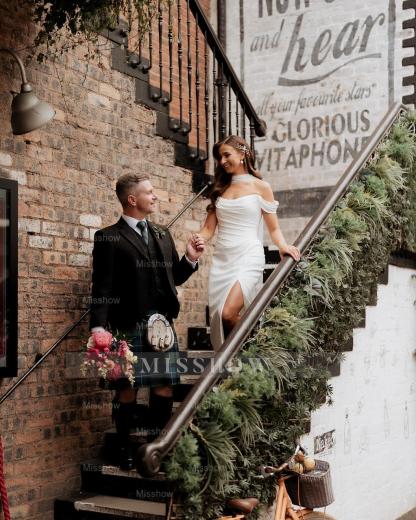 Chic White Mermaid Off-The-Shoulder Strapless Ruffles Long Simple Satin Wedding Dress With Slit