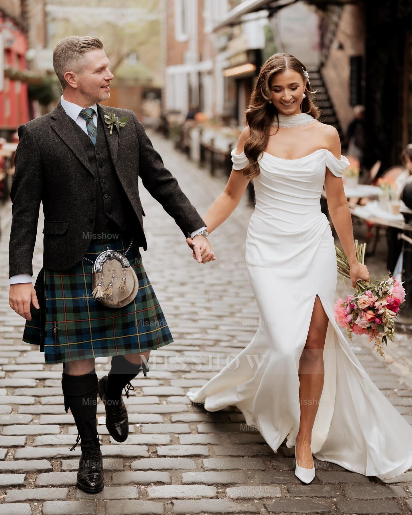 Chic White Mermaid Off-The-Shoulder Strapless Ruffles Long Simple Satin Wedding Dress With Slit
