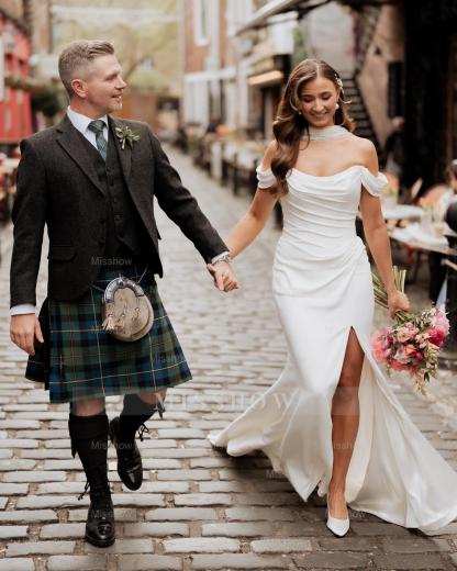 Chic White Mermaid Off-The-Shoulder Strapless Ruffles Long Simple Satin Wedding Dress With Slit