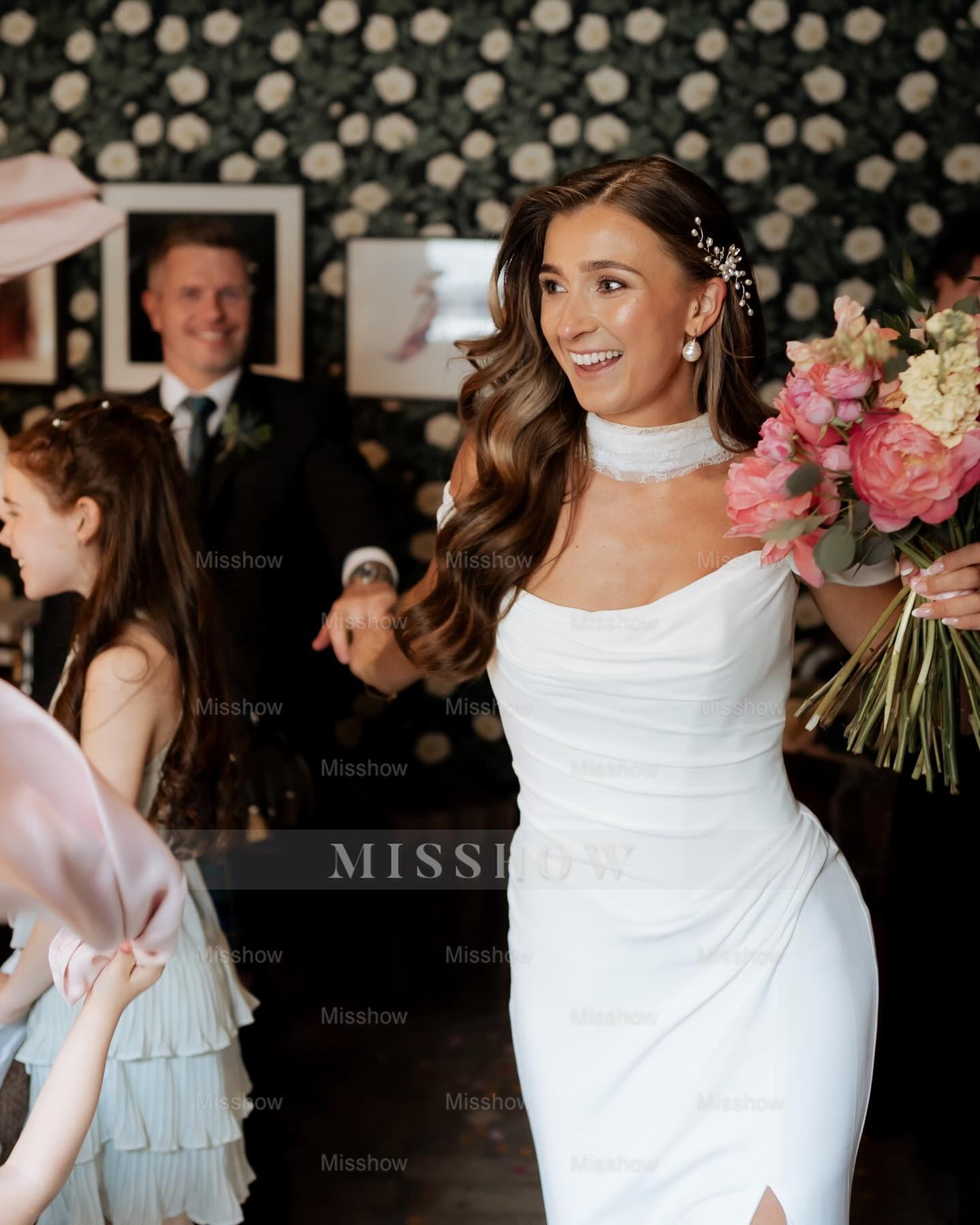 Chic White Mermaid Off-The-Shoulder Strapless Ruffles Long Simple Satin Wedding Dress With Slit