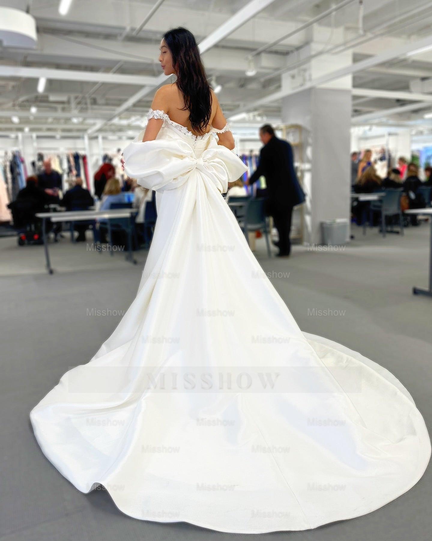 Chic White Mermaid Off-The-Shoulder Strapless Sweep Train Satin Wedding Dress With Bow