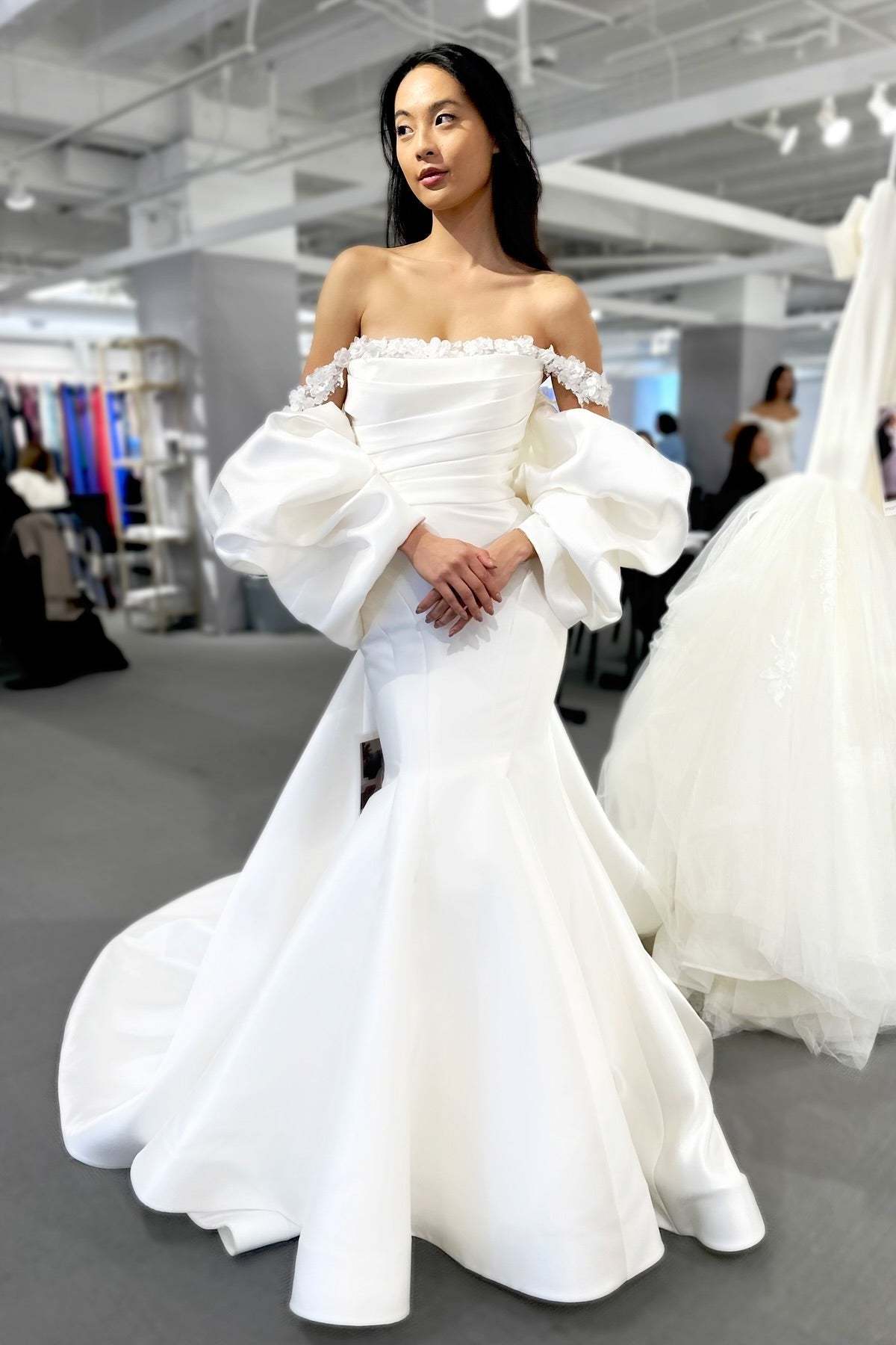 Chic White Mermaid Off-The-Shoulder Strapless Sweep Train Satin Wedding Dress With Bow