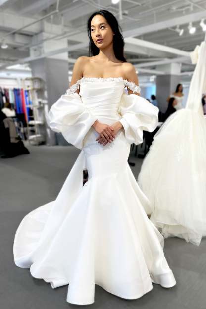 Chic White Mermaid Off-The-Shoulder Strapless Sweep Train Satin Wedding Dress With Bow