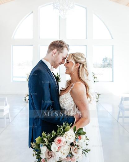 Chic White Mermaid Spaghetti Strapless Off-The-Shoulder Lace Long Satin Wedding Dress With Appliques