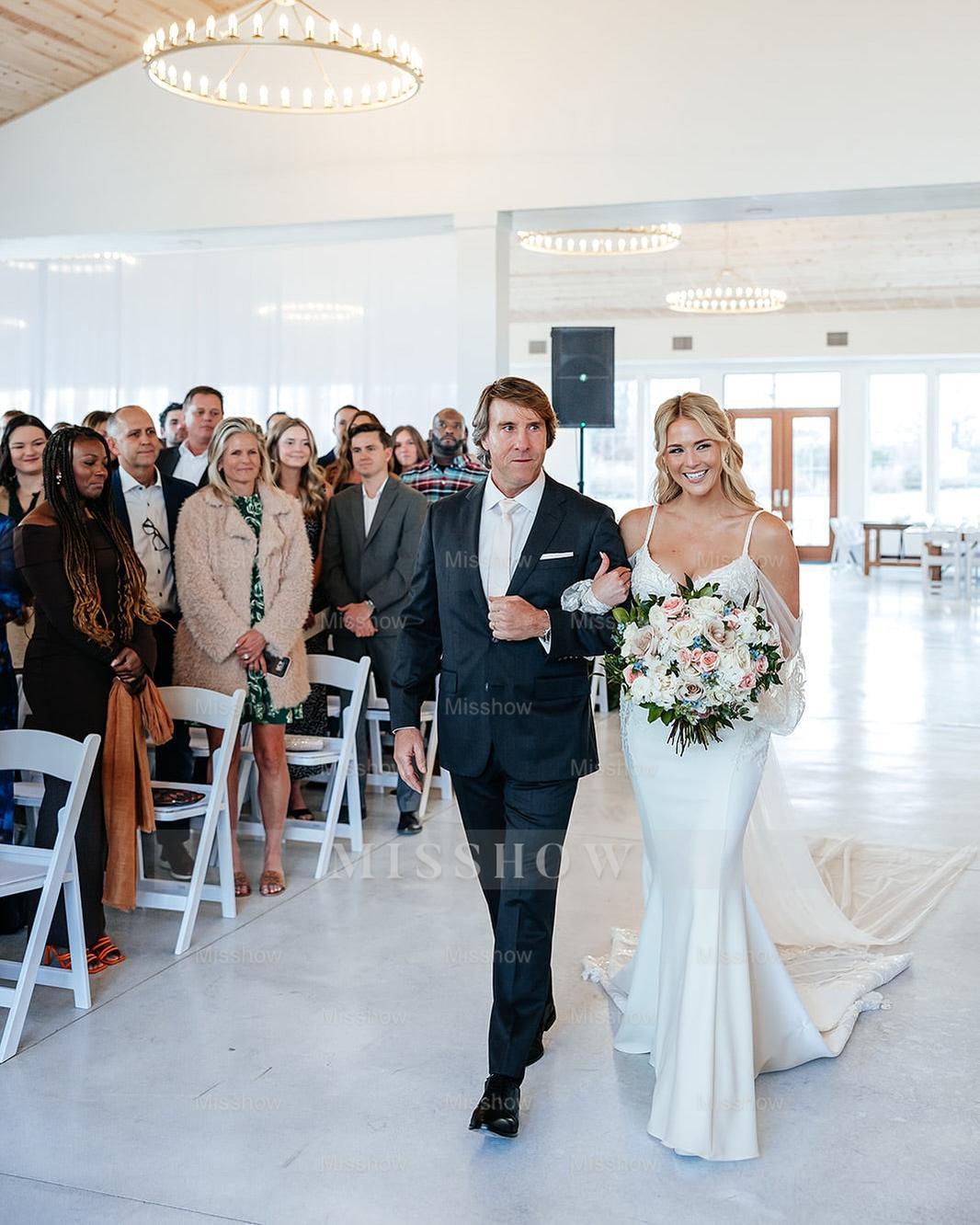 Chic White Mermaid Spaghetti Strapless Off-The-Shoulder Lace Long Satin Wedding Dress With Appliques