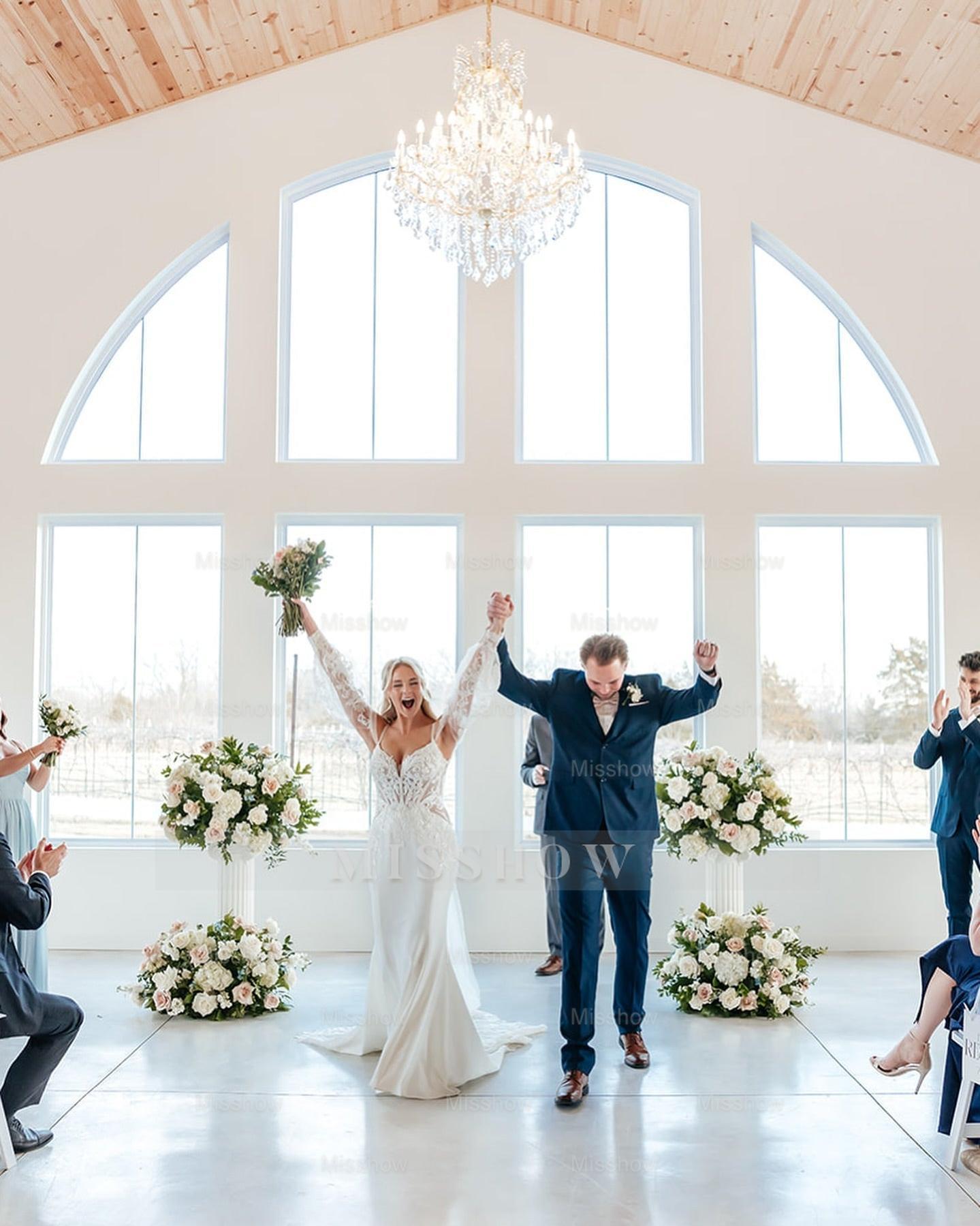 Chic White Mermaid Spaghetti Strapless Off-The-Shoulder Lace Long Satin Wedding Dress With Appliques