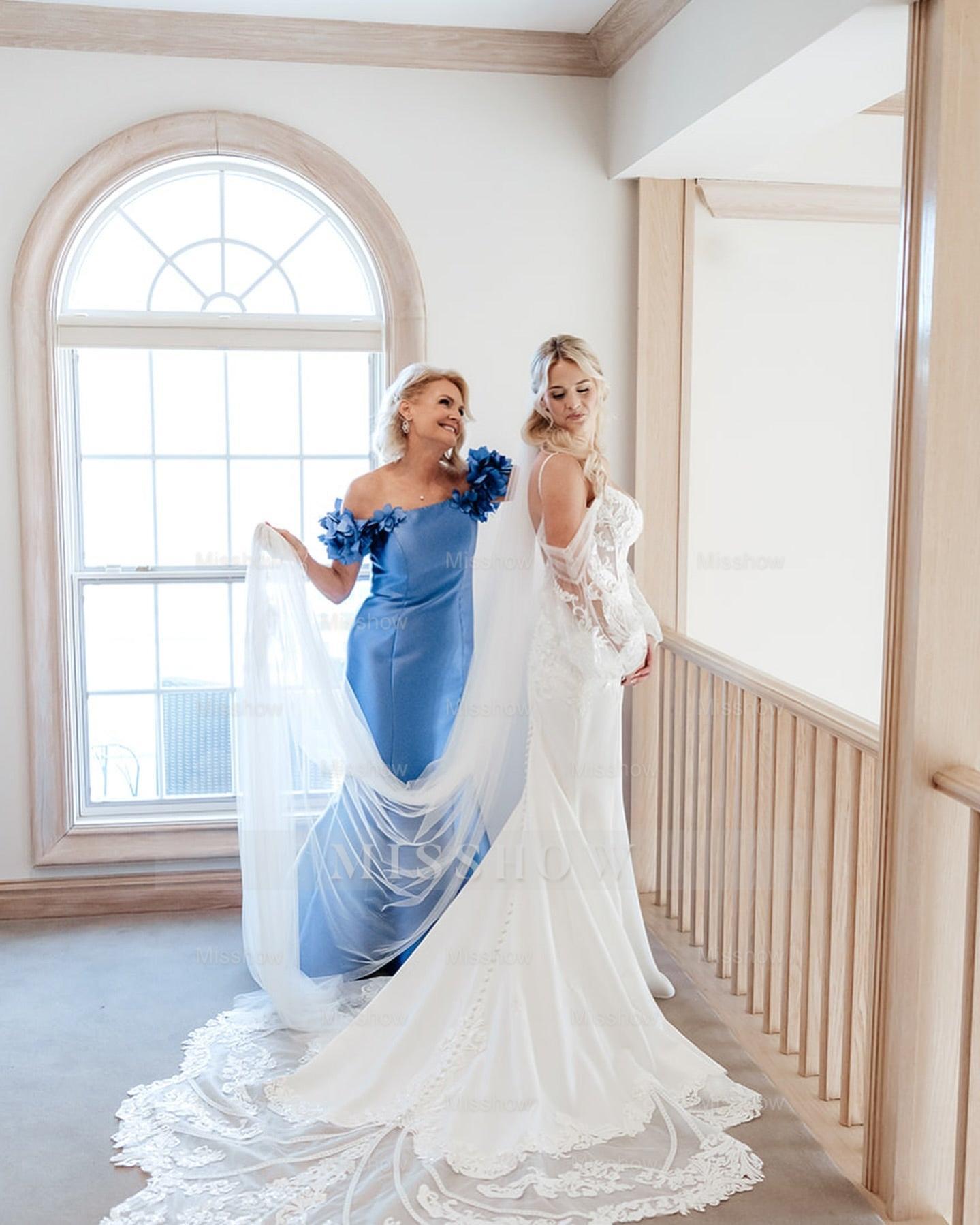 Chic White Mermaid Spaghetti Strapless Off-The-Shoulder Lace Long Satin Wedding Dress With Appliques